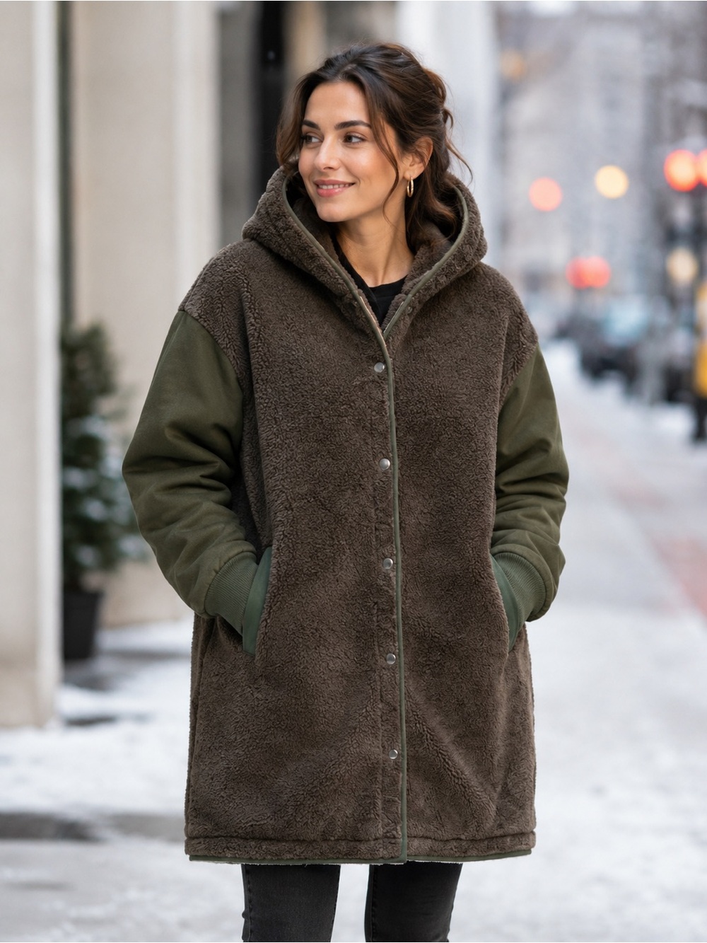 NWOT American Eagle SZ L brown/green faux fur coat w/fabric sleeves/bust 54” - Picture 2 of 15
